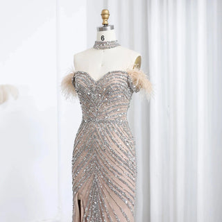 Feather Beaded Mermaid Evening Dress with Chocker - Riviera Couture