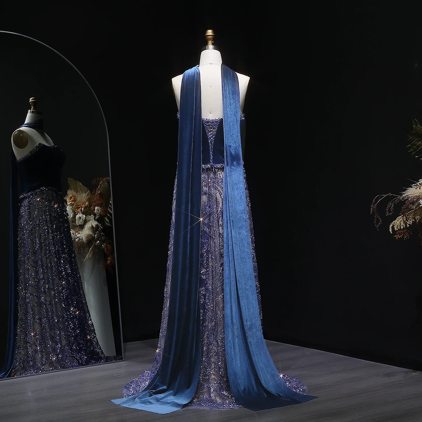 Turquoise Blue Velvet Two-Piece Evening Gown with Scarf — Arabic Luxury — Riviera Couture GCC Luxury Evening Gown