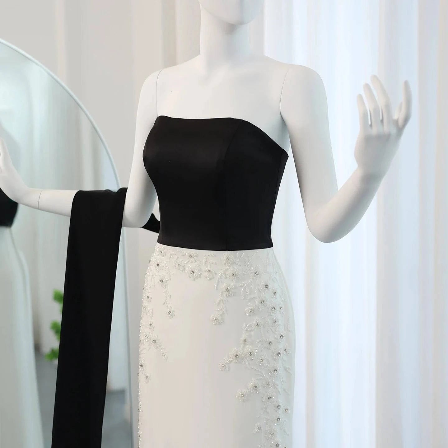 Black and White Strapless Evening Dress with Cape - Riviera Couture