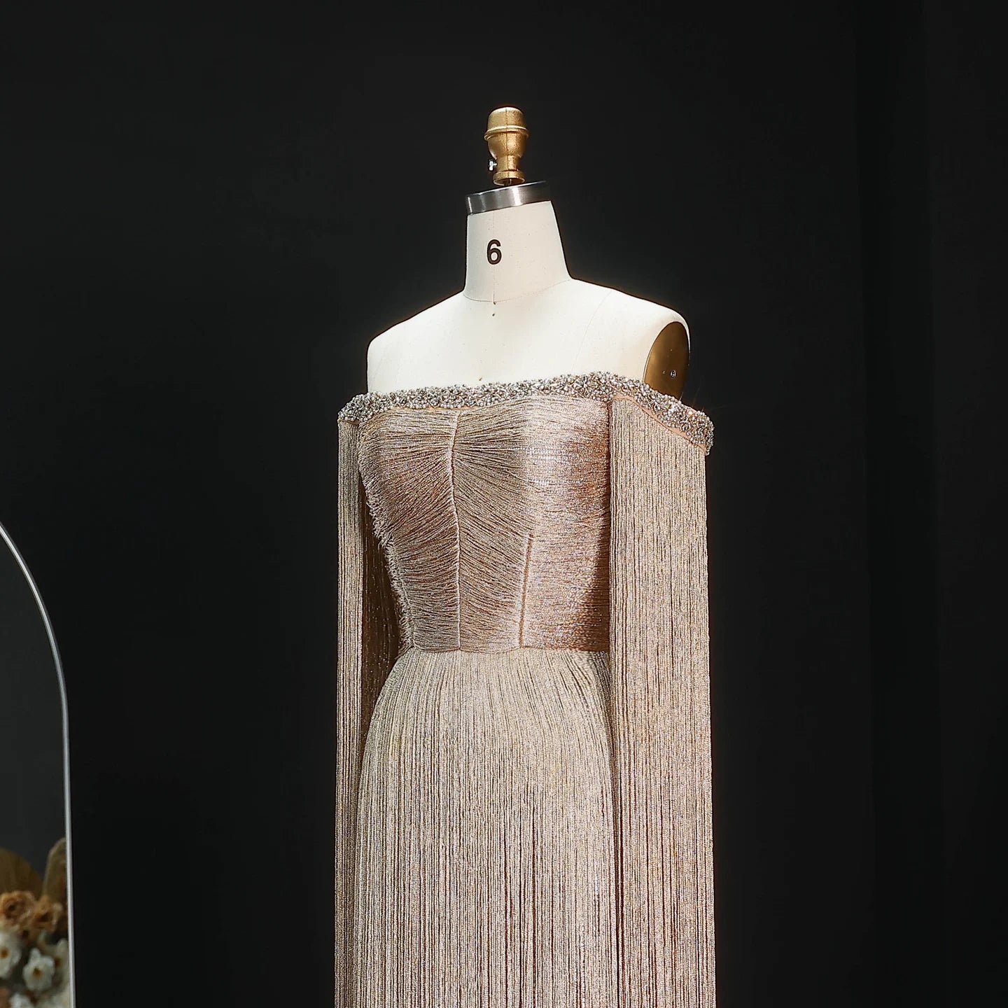 Gold Off-Shoulder Tassel Evening Gown — Luxury GCC Formal — Riviera Couture GCC Luxury Evening Gown