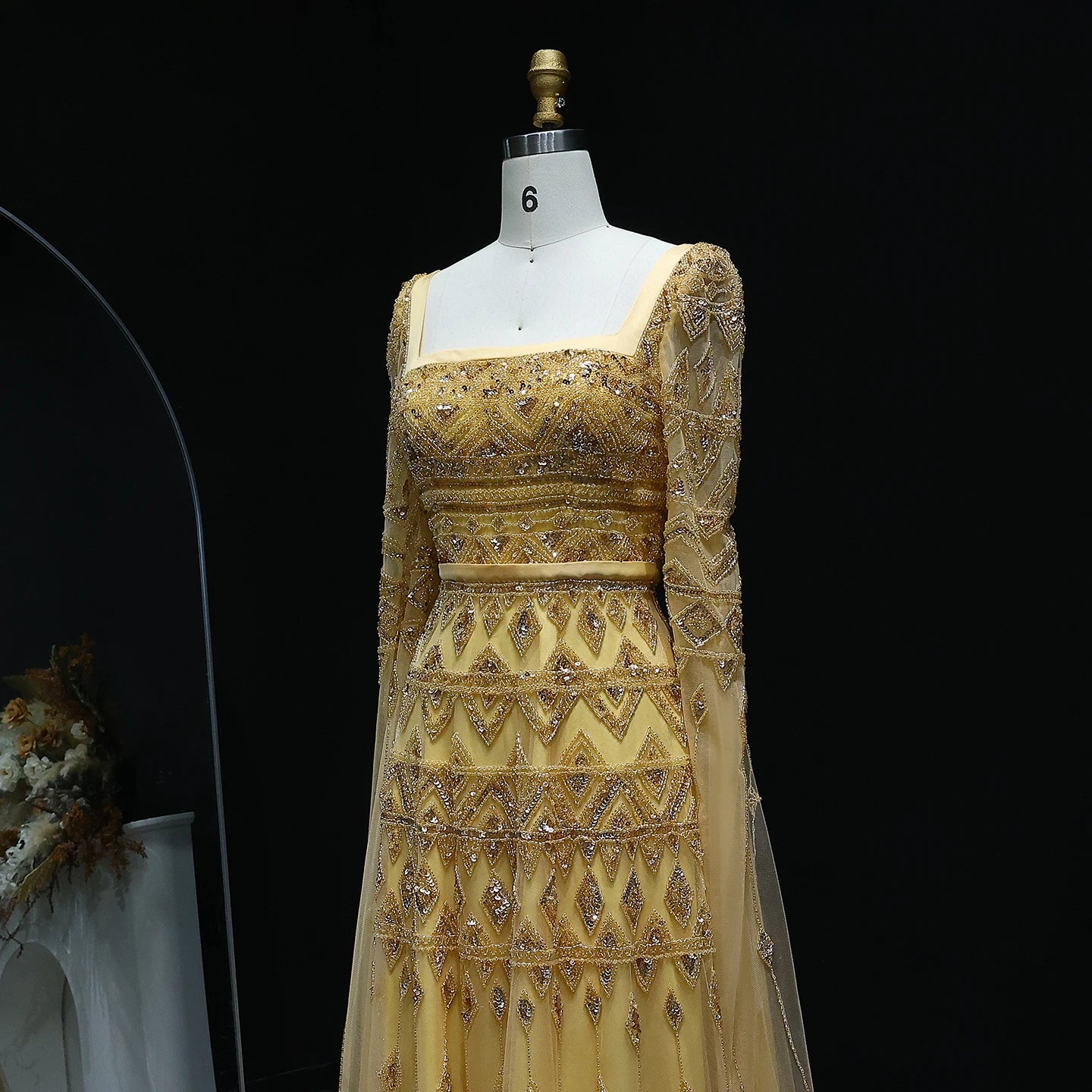Gold Wine Red Burgundy Evening Gown with Cape Sleeve — Arabic Luxury 2026 — Riviera Couture GCC Luxury Evening Gown