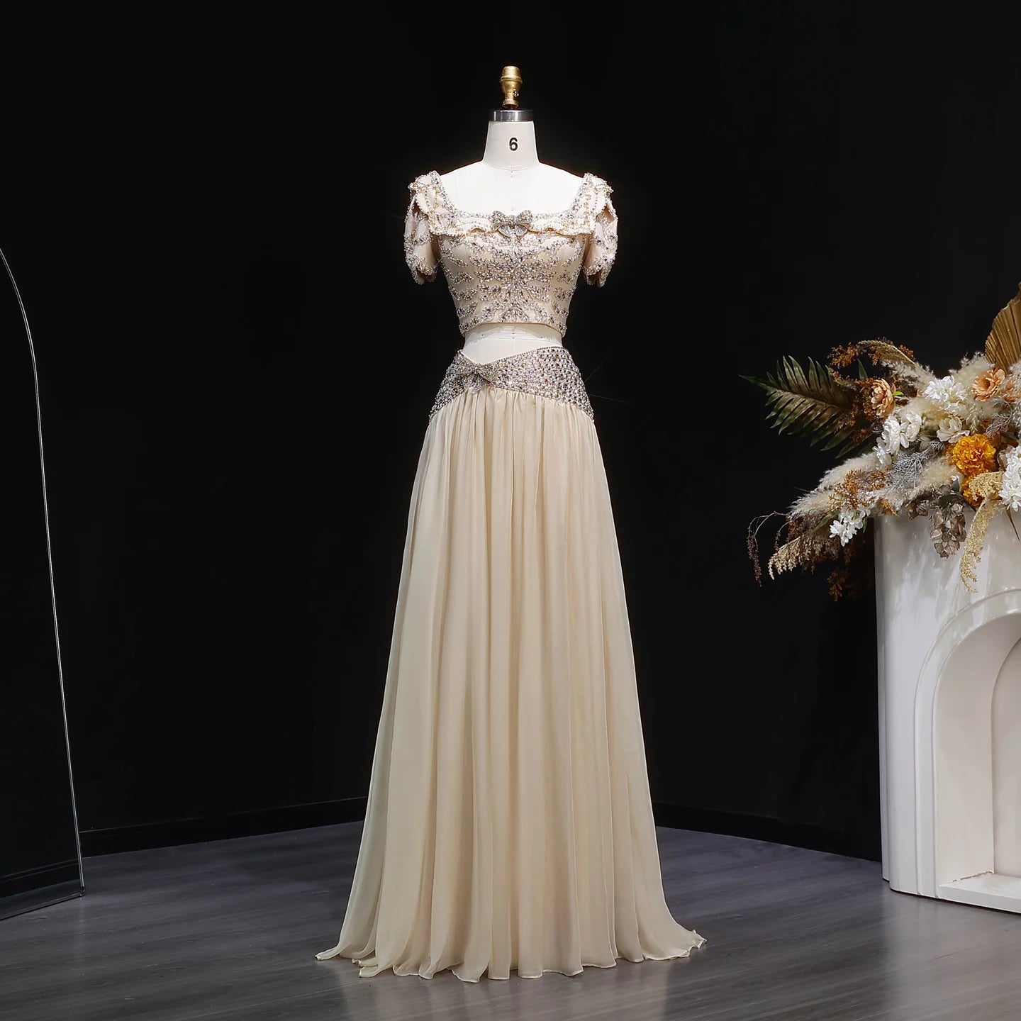 Champagne Two-Piece Evening Gown — Short Sleeve Sequined Bowknot — Riviera Couture GCC Luxury Evening Gown