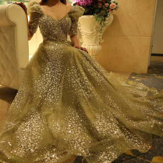 Glitter Gown with Puffy Sleeves - Riviera Couture