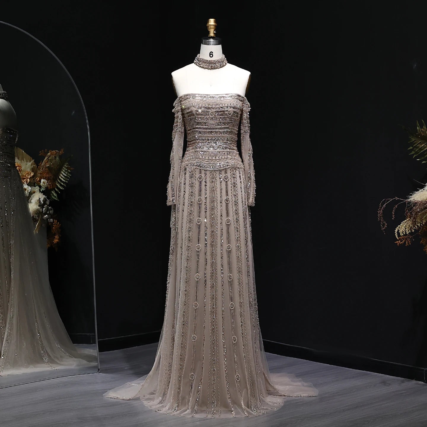 Champagne Pink Off-Shoulder Evening Gown with Choker — Heavy Beaded Long Sleeve — Riviera Couture GCC Luxury Evening Gown