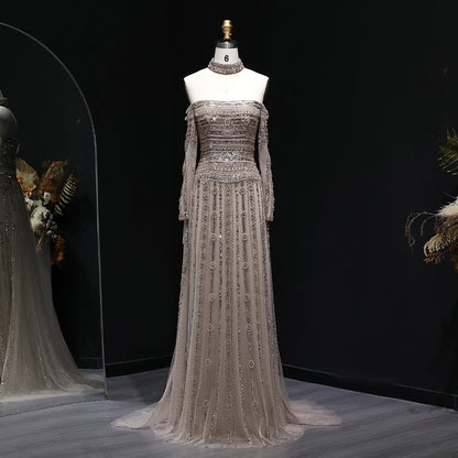 Champagne Pink Off-Shoulder Evening Gown with Choker — Heavy Beaded Long Sleeve — Riviera Couture GCC Luxury Evening Gown