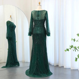 Luxury Emerald Green Mermaid Evening Dress with Elegant Long Sleeves l - Riviera Couture