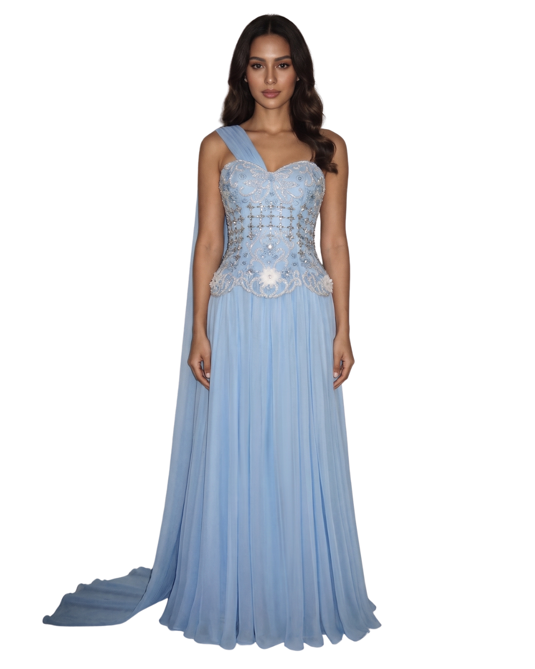 RC172 — The Karima | One Shoulder A-Line Evening Gown with Cape — 3D Flowers Crystal Beaded