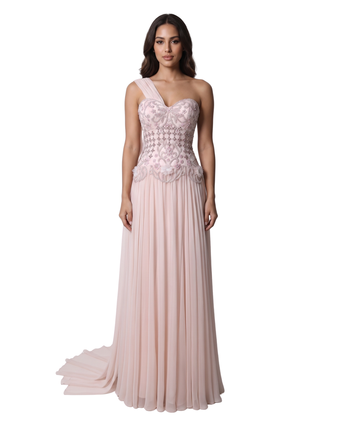 RC172 — The Karima | One Shoulder A-Line Evening Gown with Cape — 3D Flowers Crystal Beaded