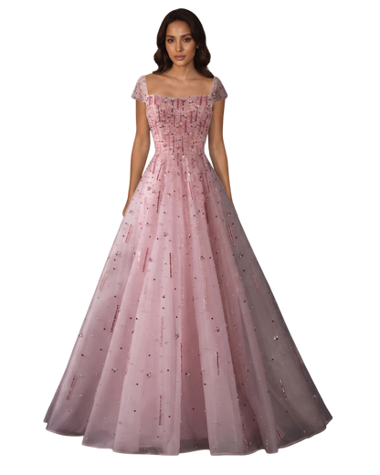 RC130 — The Elise | Pink Off Shoulder A-Line Evening Gown — Luxury Beaded Arabic Formal Prom