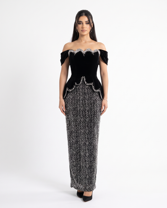 RC135 The Reem - black beaded evening gown, front view