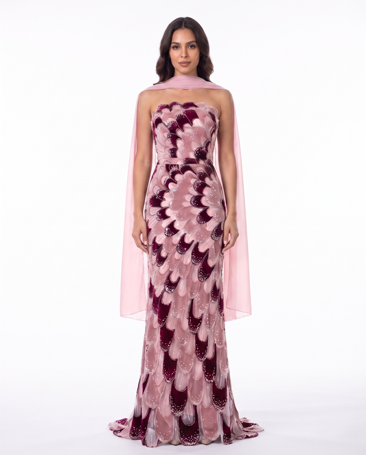RC115 The Rosalind - burgundy and pink gown with cape, front view