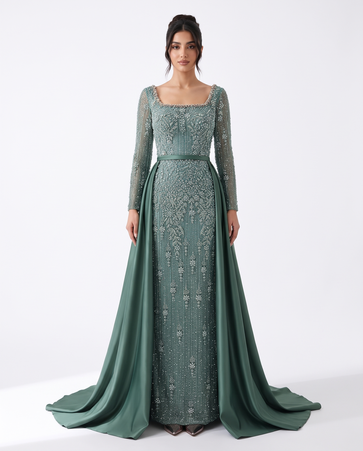 RC121 The Sarah - sage beaded long-sleeve gown with overskirt, front view