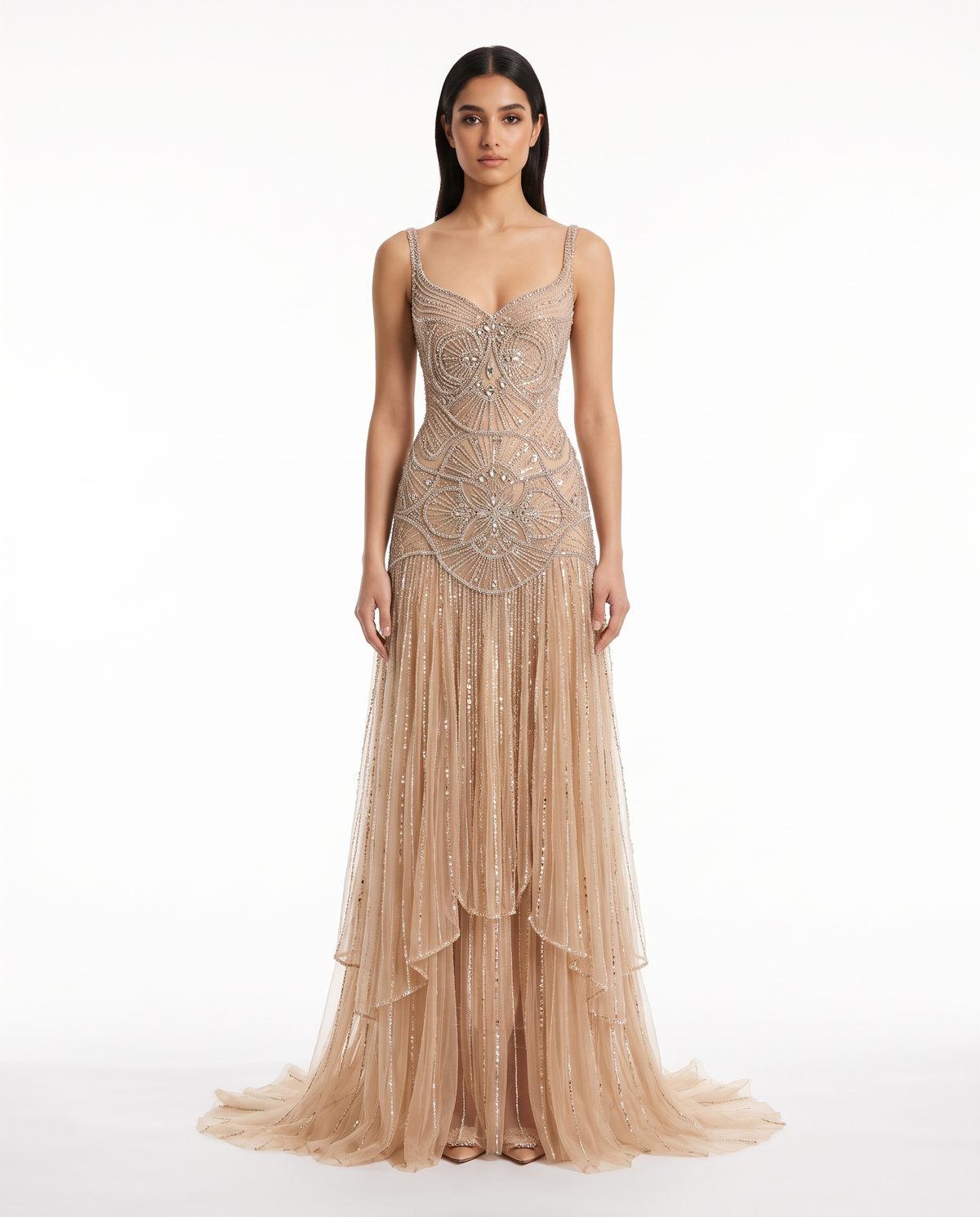 RC123 The Dalia - champagne beaded gown, front view