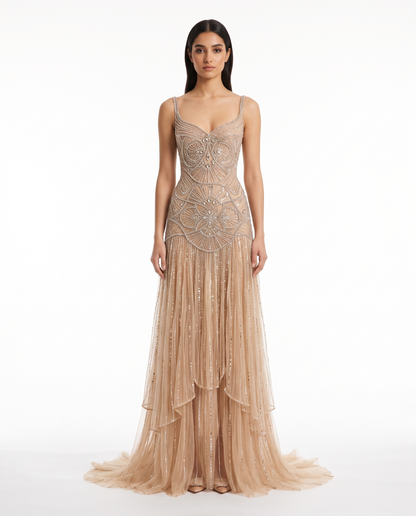 RC123 The Dalia - champagne beaded gown, front view