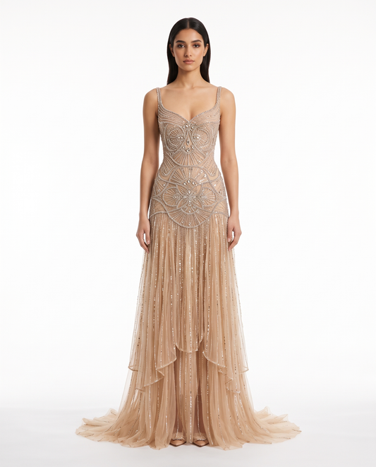 RC123 The Dalia - champagne beaded gown, front view