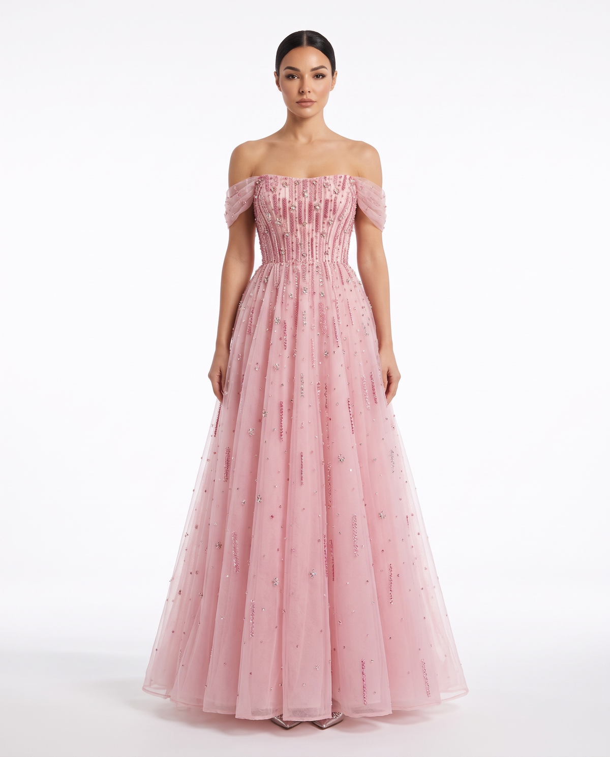 RC130 The Elise - pink off-shoulder A-line gown, front view