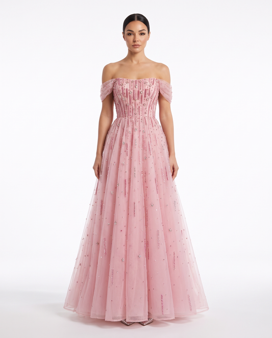 RC130 The Elise - pink off-shoulder A-line gown, front view