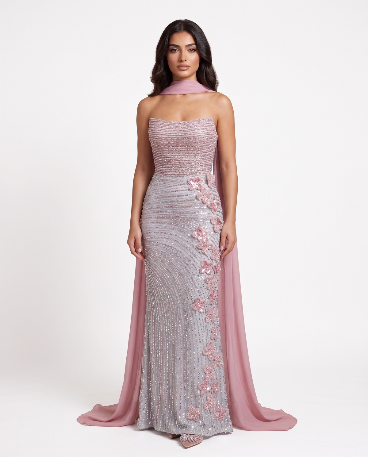 RC440 The Warda - silver and pink floral gown with cape, front view