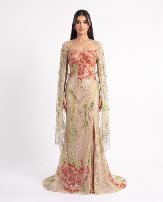 RC451 The Sadeem - champagne beaded floral gown with fringe cape, front view
