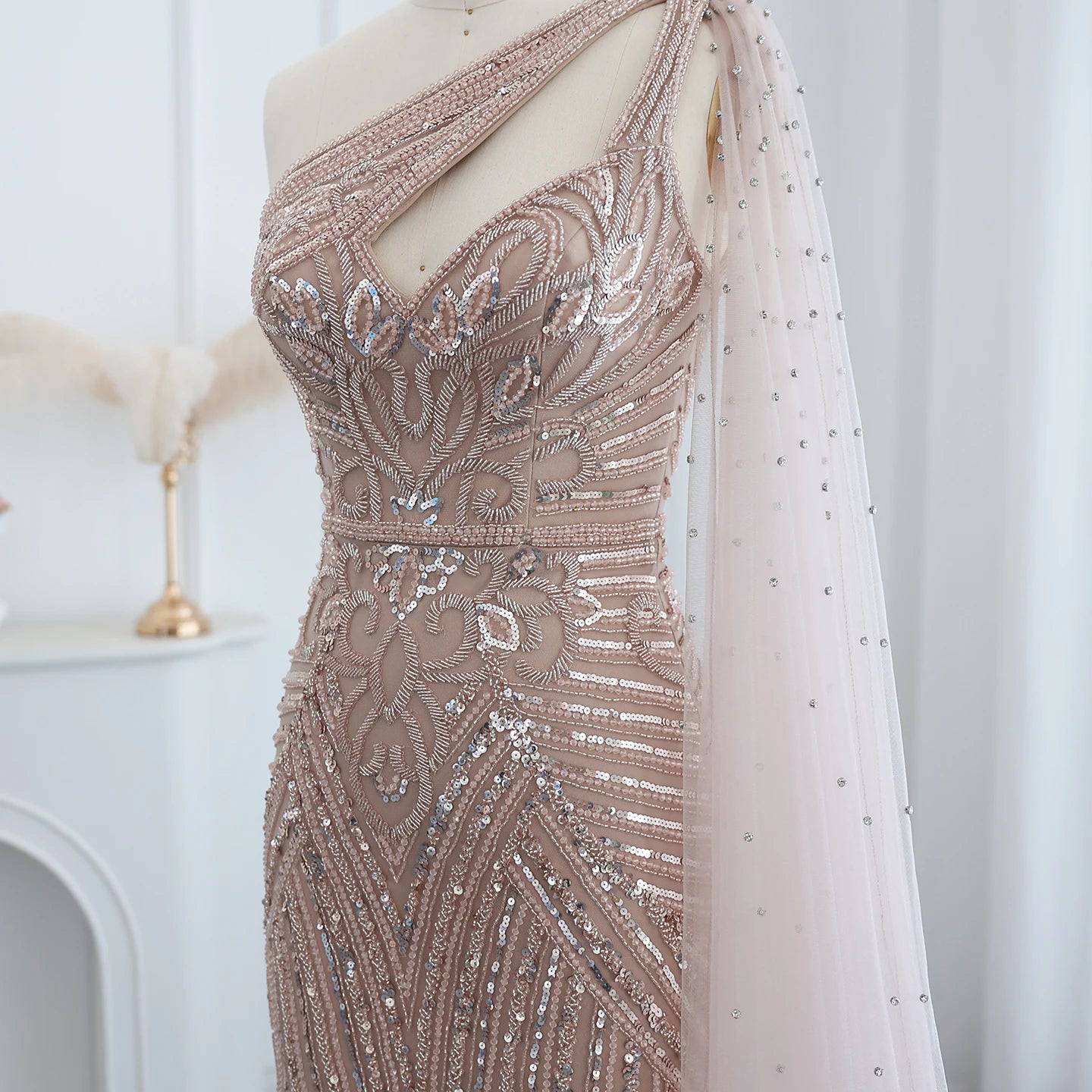 Beaded Evening Dress with Cape Sleeve One Shoulder Side Slit - RC12