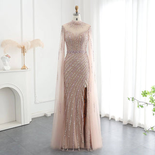 Beaded Mermaid Evening Dress with Cape Sleeve - RC17