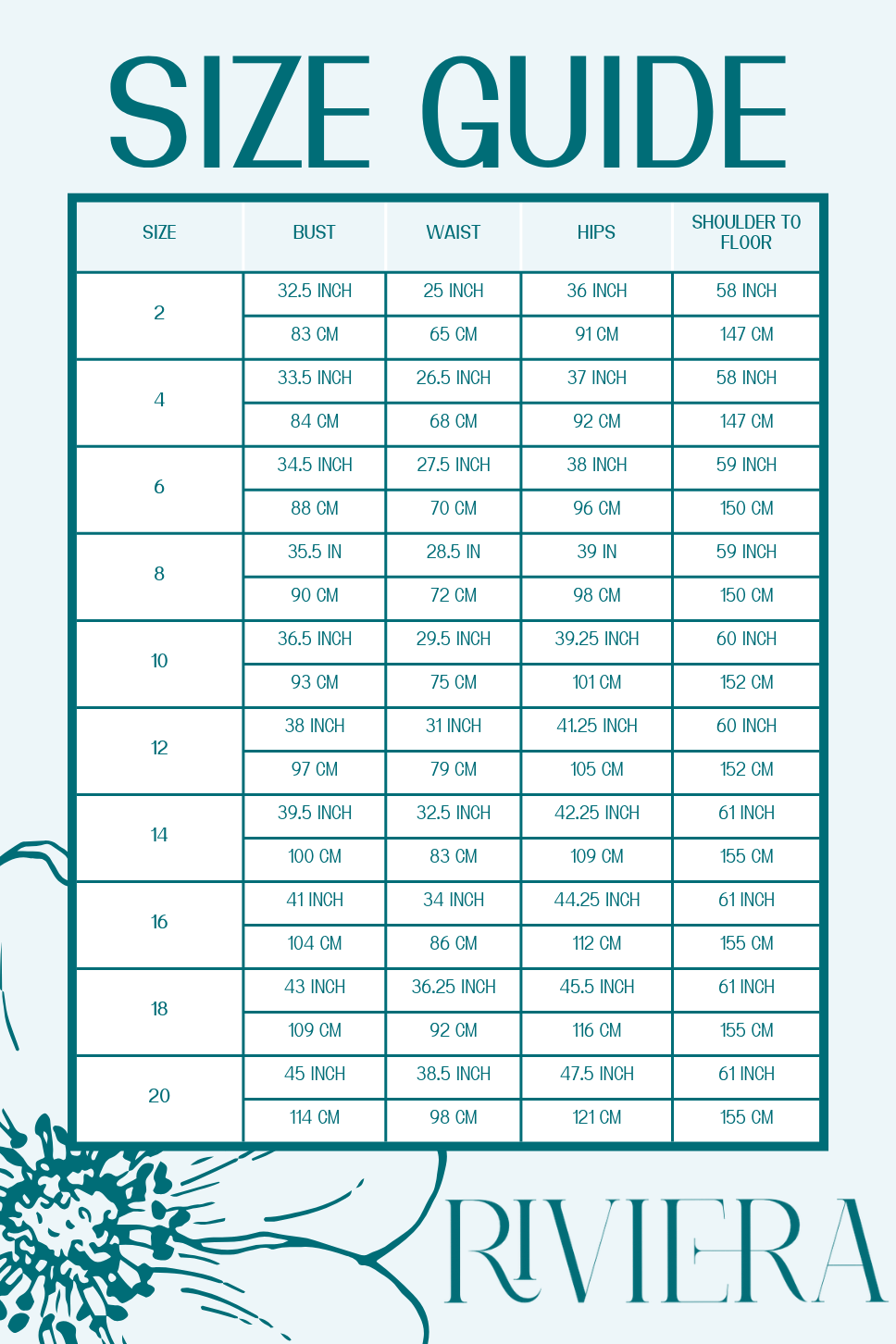 Riviera Couture size guide measurements chart